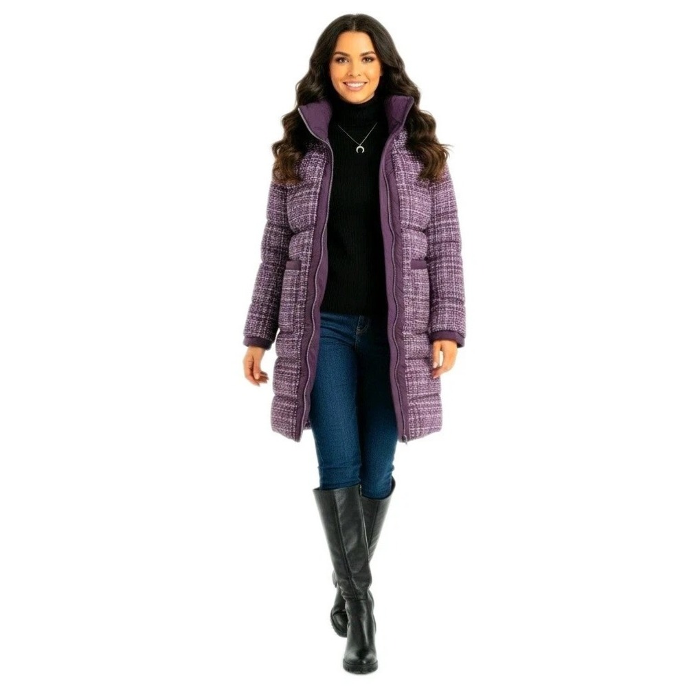 Bernardo Womens Tweed Puffer Jacket Coat Heavyweight Purple Plaid Medium NEW